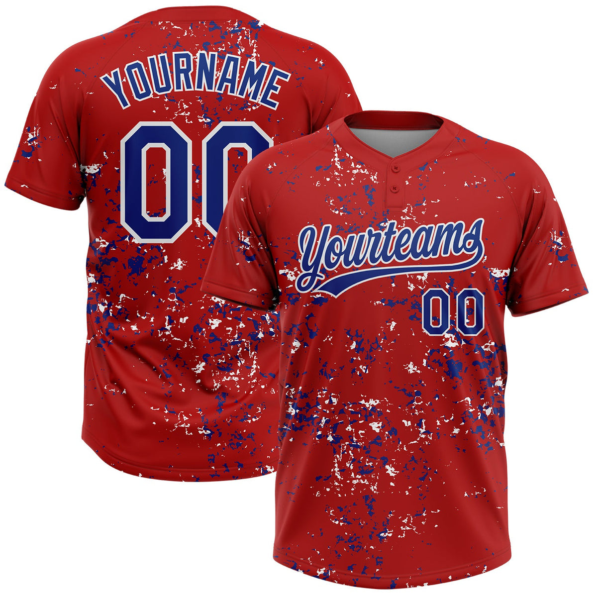 Custom Red Royal-White Abstract Shattered Paint Splatter Two-Button Unisex Softball Jersey