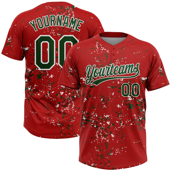 Custom Red Green-White Abstract Shattered Paint Splatter Two-Button Unisex Softball Jersey