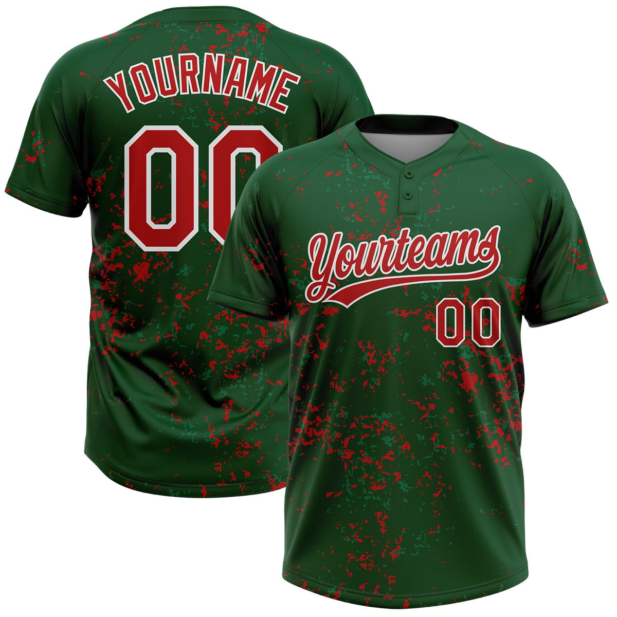 Custom Green Red Kelly Green-White Abstract Shattered Paint Splatter Two-Button Unisex Softball Jersey