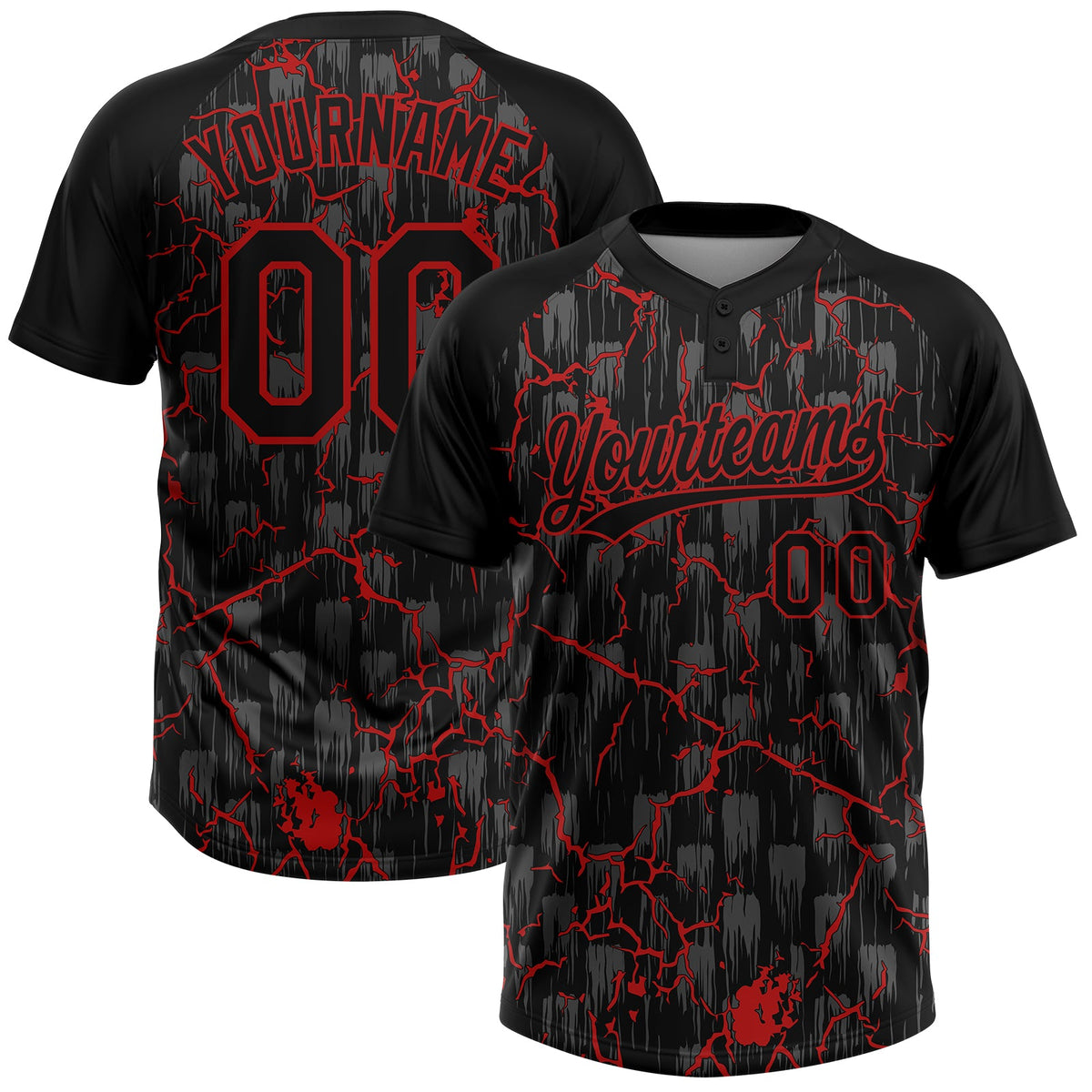 Custom Black Red-Gray Raglan Sleeves Neon Lightning Crackle Two-Button Unisex Softball Jersey