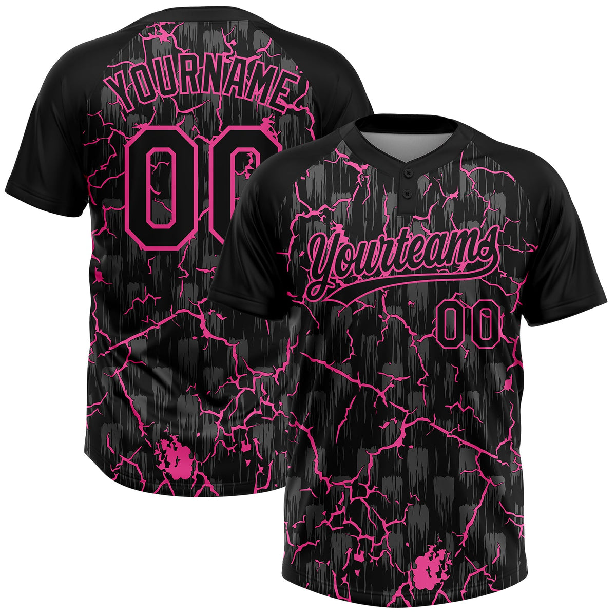 Custom Black Pink-Gray Raglan Sleeves Neon Lightning Crackle Two-Button Unisex Softball Jersey