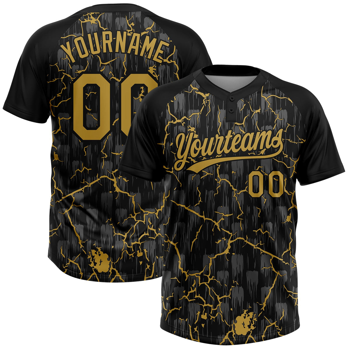 Custom Black Old Gold-Gray Raglan Sleeves Neon Lightning Crackle Two-Button Unisex Softball Jersey