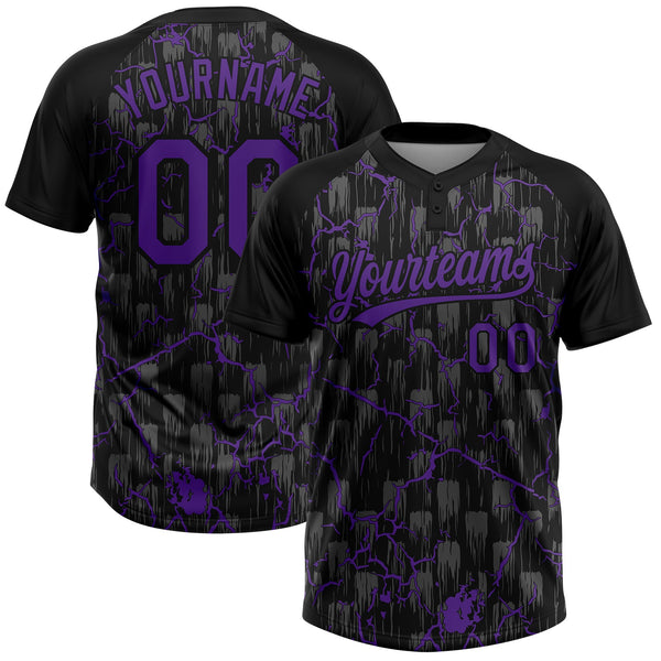 Custom Black Purple-Gray Raglan Sleeves Neon Lightning Crackle Two-Button Unisex Softball Jersey