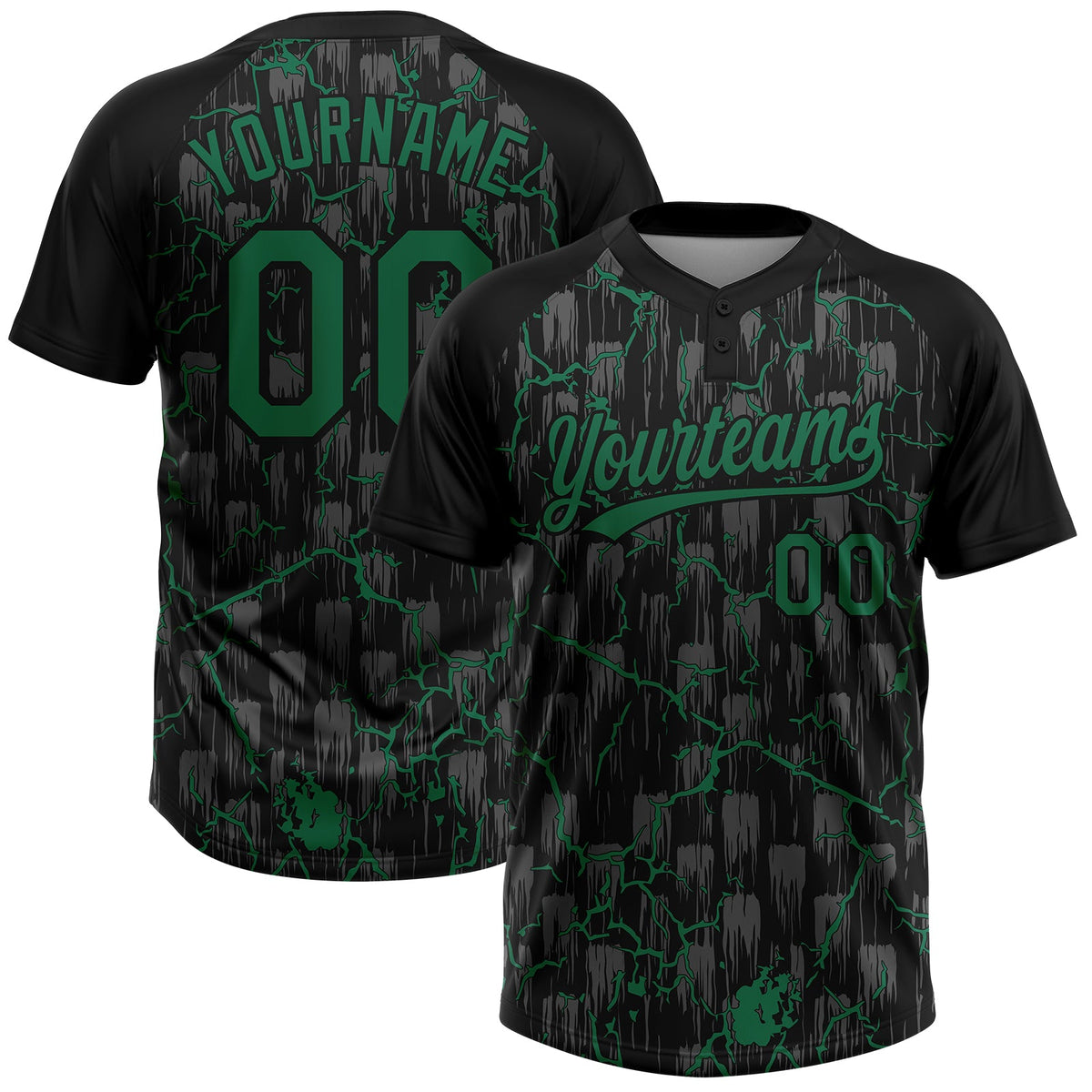 Custom Black Kelly Green-Gray Raglan Sleeves Neon Lightning Crackle Two-Button Unisex Softball Jersey