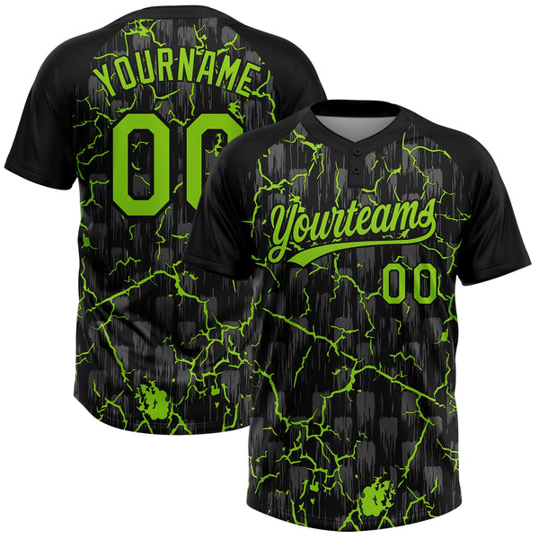 Custom Black Neon Green-Gray Raglan Sleeves Neon Lightning Crackle Two-Button Unisex Softball Jersey