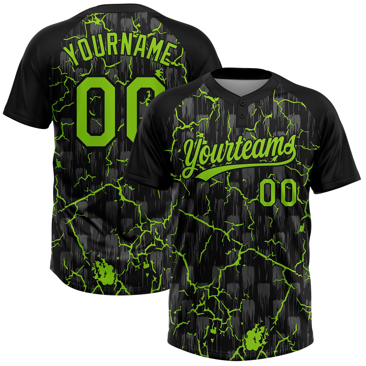 Custom Black Neon Green-Gray Raglan Sleeves Neon Lightning Crackle Two-Button Unisex Softball Jersey