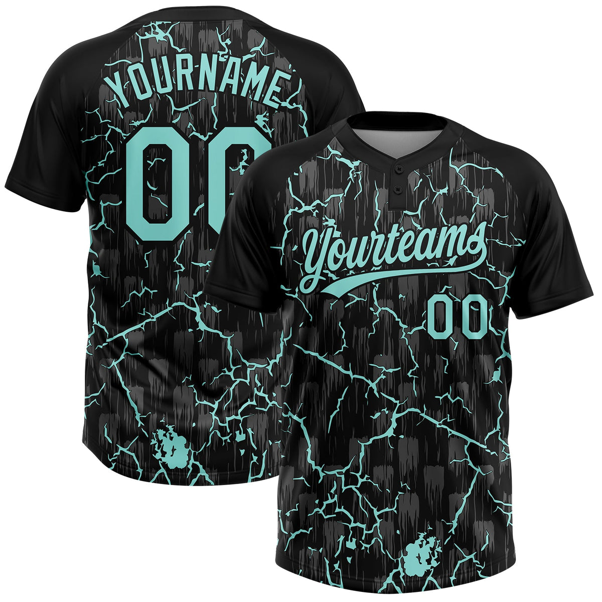 Custom Black Ice Blue-Gray Raglan Sleeves Neon Lightning Crackle Two-Button Unisex Softball Jersey