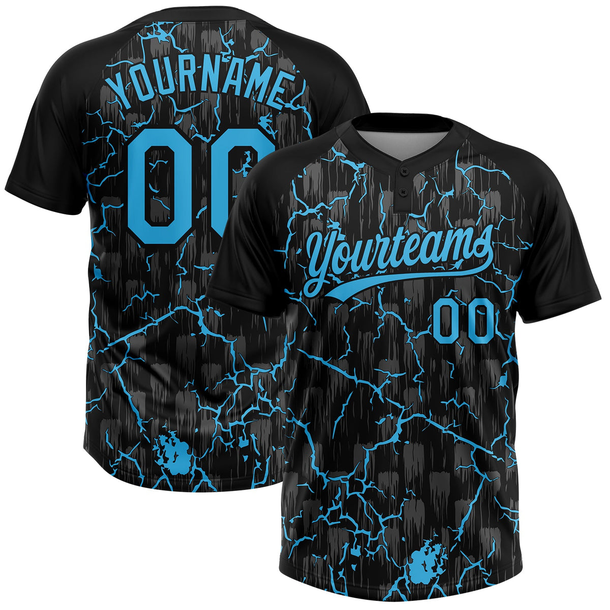 Custom Black Sky Blue-Gray Raglan Sleeves Neon Lightning Crackle Two-Button Unisex Softball Jersey