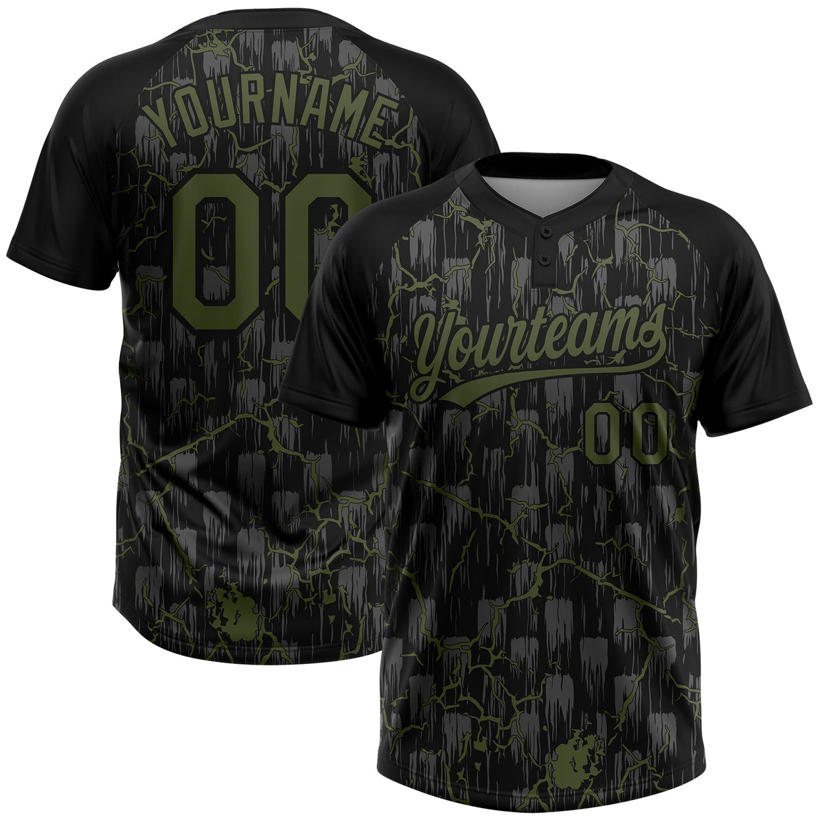 Custom Black Olive-Gray Raglan Sleeves Neon Lightning Crackle Two-Button Unisex Softball Jersey