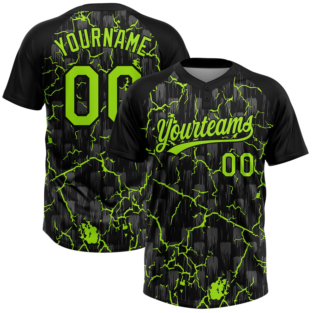 Custom Black Neon Green-Gray Raglan Sleeves Neon Lightning Crackle Two-Button Unisex Softball Jersey