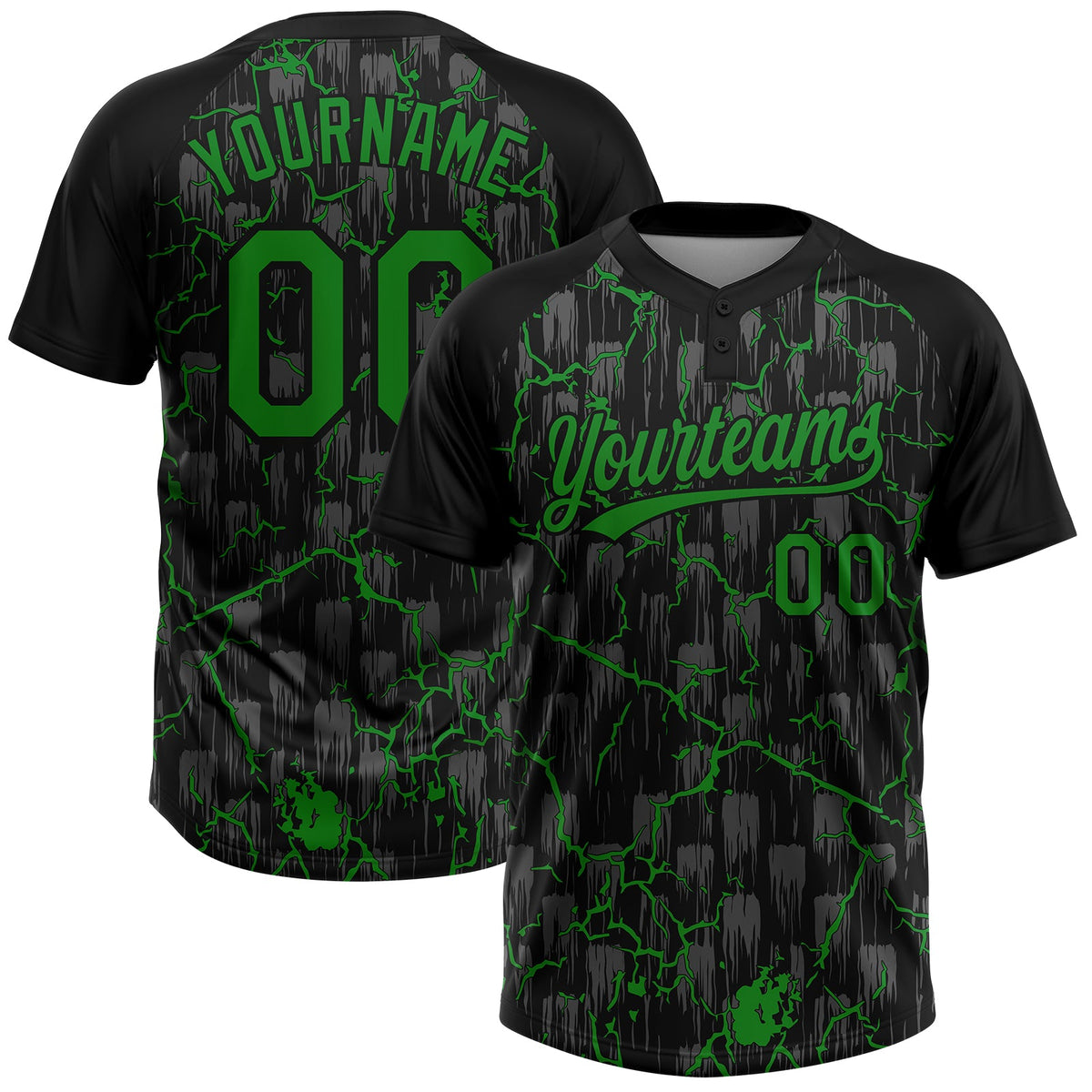 Custom Black Grass Green-Gray Raglan Sleeves Neon Lightning Crackle Two-Button Unisex Softball Jersey