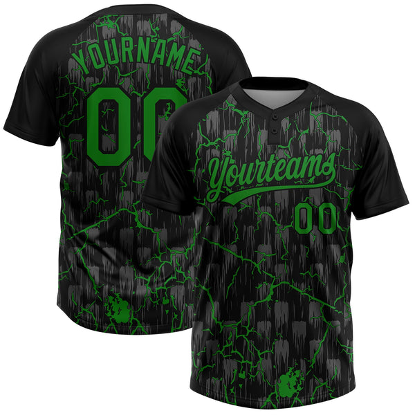 Custom Black Grass Green-Gray Raglan Sleeves Neon Lightning Crackle Two-Button Unisex Softball Jersey