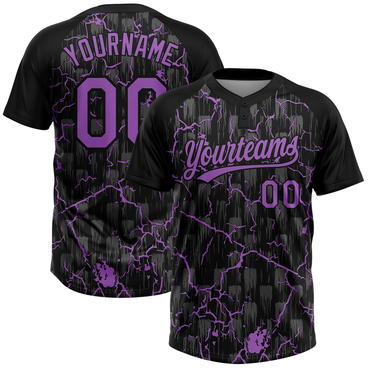 Custom Black Medium Purple-Gray Raglan Sleeves Neon Lightning Crackle Two-Button Unisex Softball Jersey