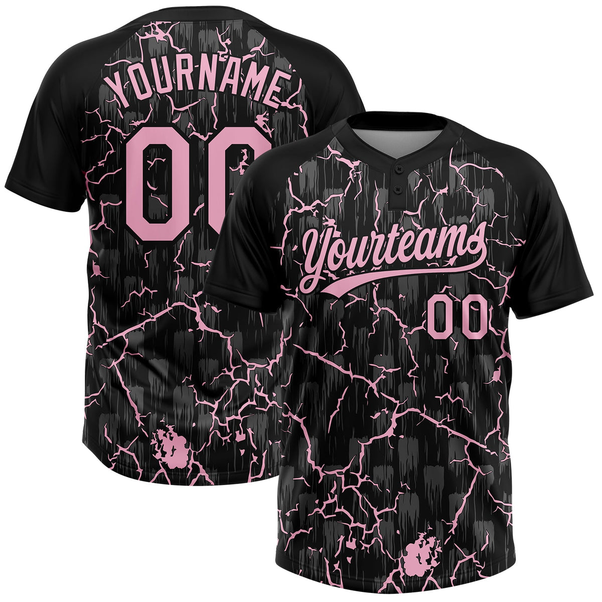 Custom Black Light Pink-Gray Raglan Sleeves Neon Lightning Crackle Two-Button Unisex Softball Jersey