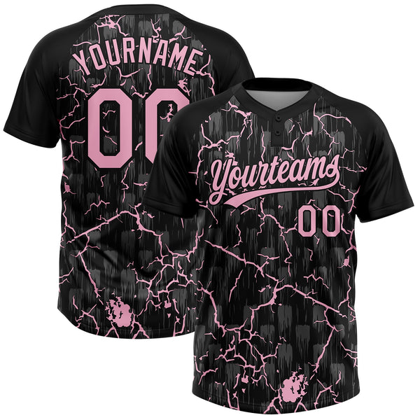 Custom Black Light Pink-Gray Raglan Sleeves Neon Lightning Crackle Two-Button Unisex Softball Jersey