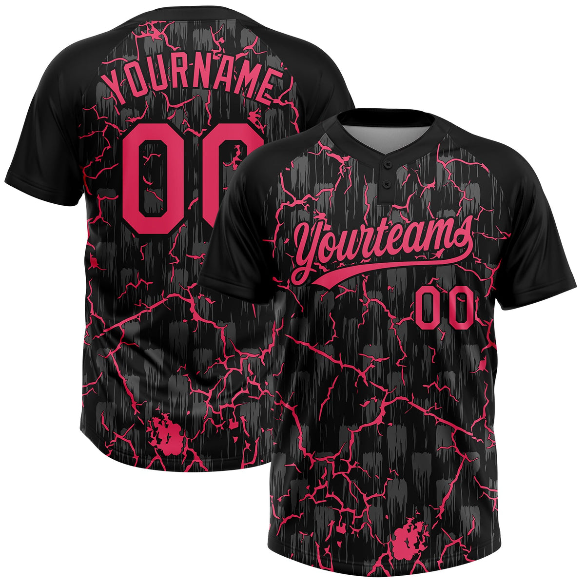 Custom Black Neon Pink-Gray Raglan Sleeves Neon Lightning Crackle Two-Button Unisex Softball Jersey