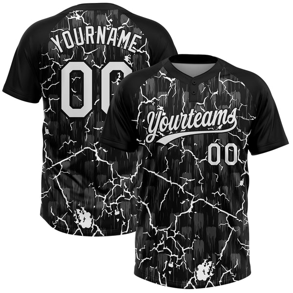 Custom Black White-Gray Raglan Sleeves Neon Lightning Crackle Two-Button Unisex Softball Jersey