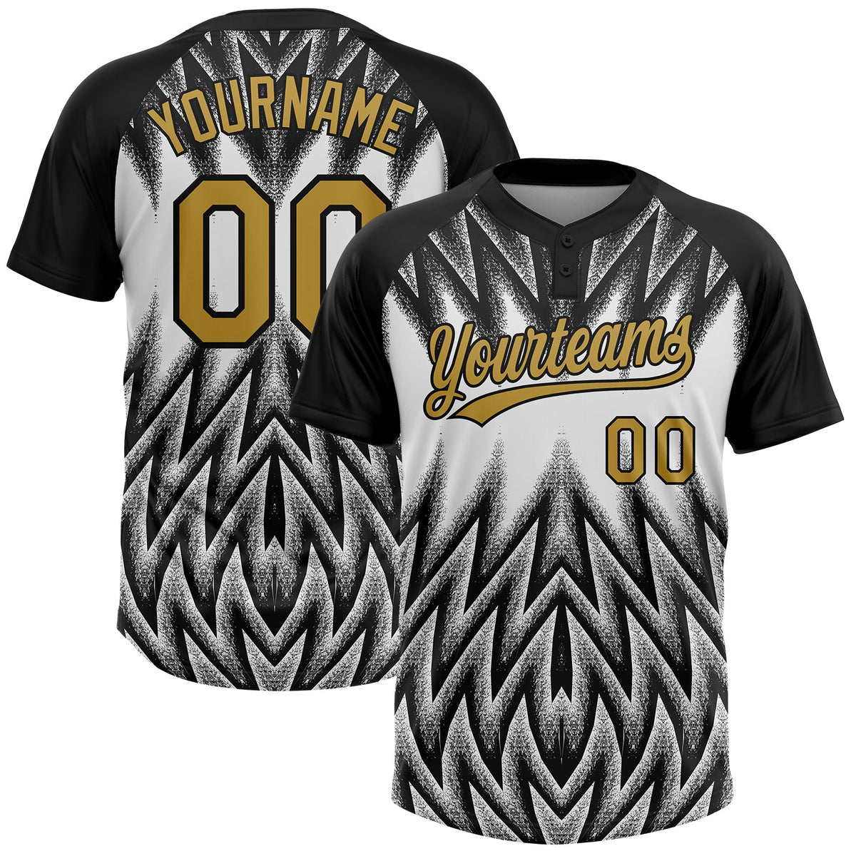 Custom Black Old Gold-White Raglan Sleeves Abstract Geometric Chevron Zigzag Two-Button Unisex Softball Jersey