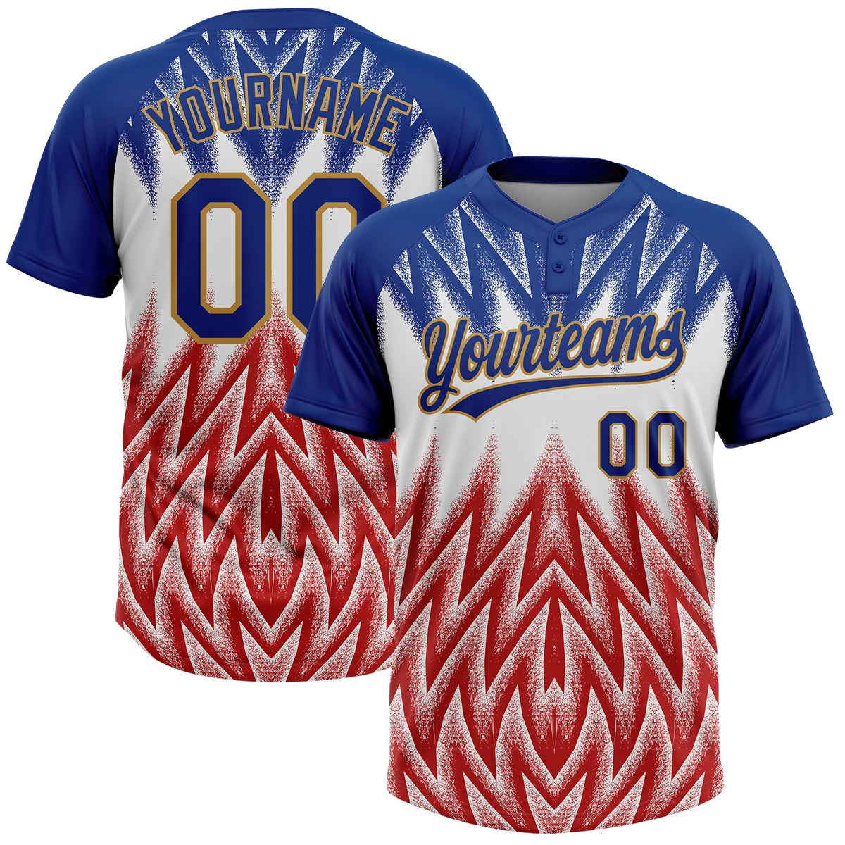 Custom Royal White Red-Old Gold Raglan Sleeves Abstract Geometric Chevron Zigzag Two-Button Unisex Softball Jersey