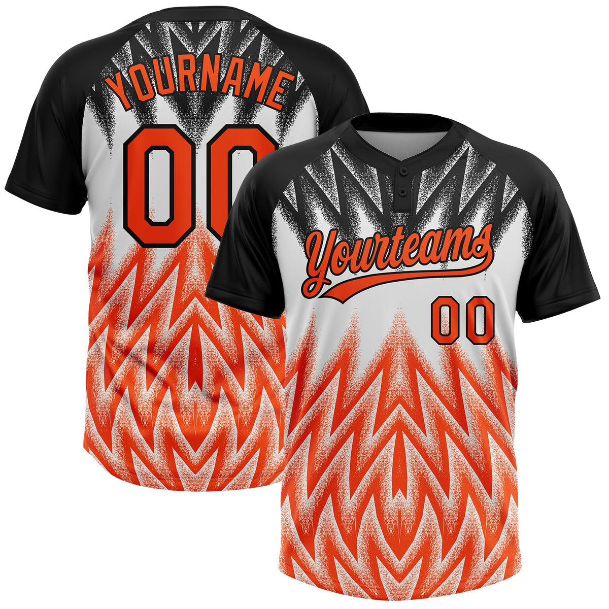 Custom Black Orange-White Raglan Sleeves Abstract Geometric Chevron Zigzag Two-Button Unisex Softball Jersey