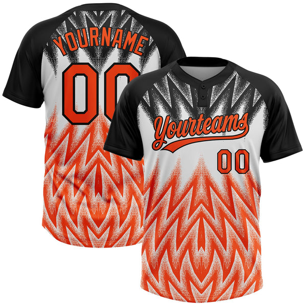 Custom Black Orange-White Raglan Sleeves Abstract Geometric Chevron Zigzag Two-Button Unisex Softball Jersey