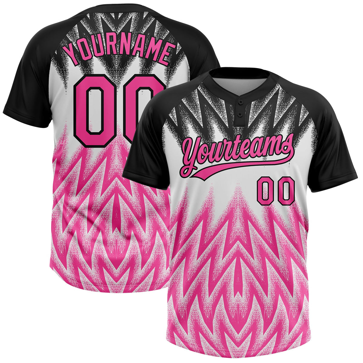 Custom Black Pink-White Raglan Sleeves Abstract Geometric Chevron Zigzag Two-Button Unisex Softball Jersey