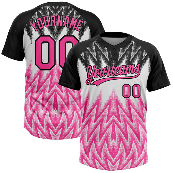 Custom Black Pink-White Raglan Sleeves Abstract Geometric Chevron Zigzag Two-Button Unisex Softball Jersey