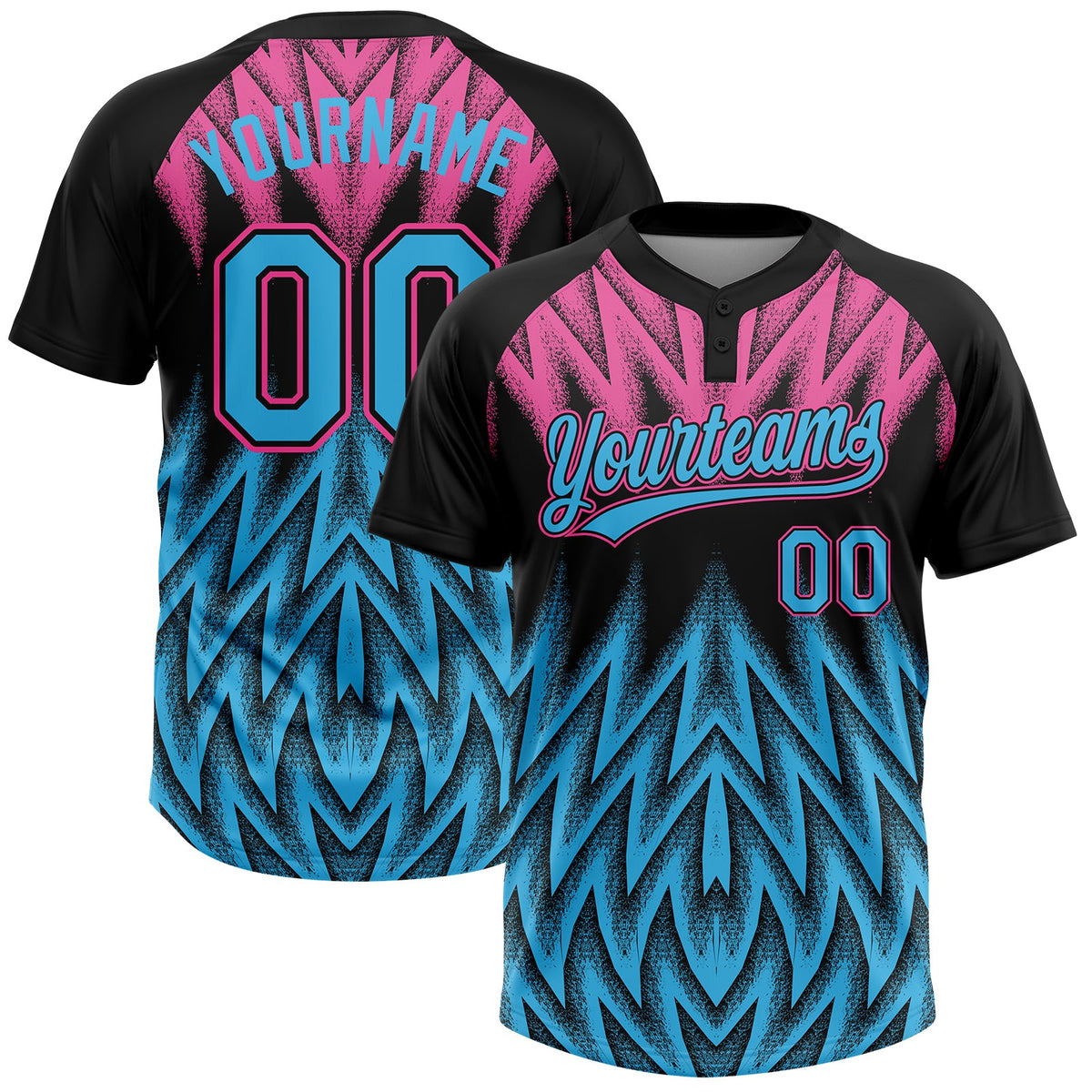 Custom Black Sky Blue-Pink Raglan Sleeves Abstract Geometric Chevron Zigzag Two-Button Unisex Softball Jersey