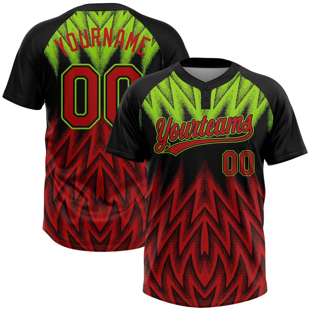 Custom Black Red-Neon Green Raglan Sleeves Abstract Geometric Chevron Zigzag Two-Button Unisex Softball Jersey