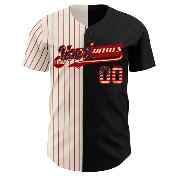 Custom Black Vintage USA Flag Cream-Red Pinstripe Authentic Split Fashion Baseball Jersey alternate