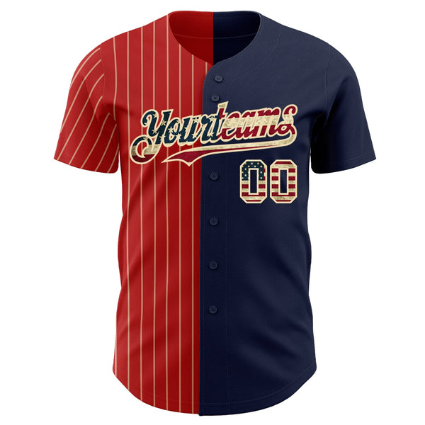 Custom Navy Vintage USA Flag Red-Cream Pinstripe Authentic Split Fashion Baseball Jersey alternate