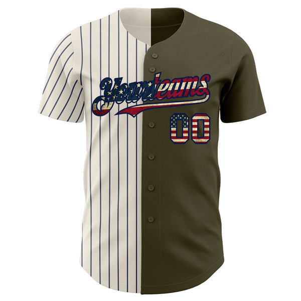 Custom Olive Vintage USA Flag Cream-Navy Pinstripe Authentic Split Fashion Salute To Service Baseball Jersey alternate