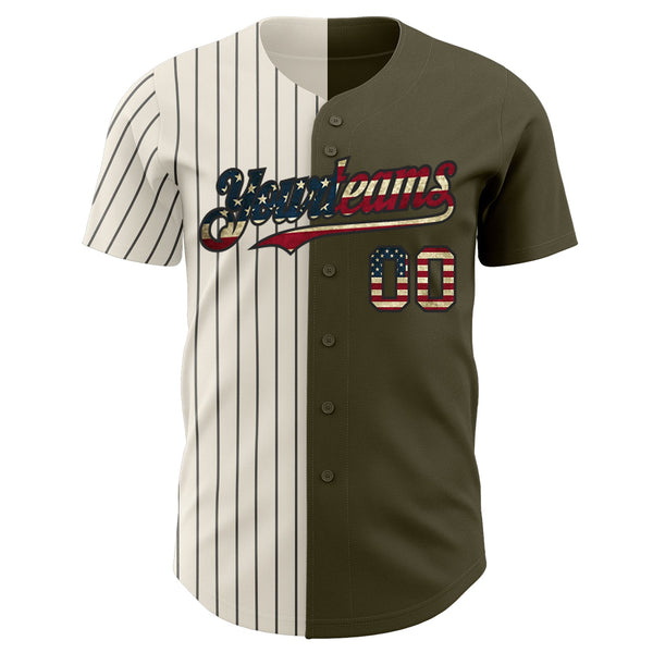 Custom Olive Vintage USA Flag Cream-Black Pinstripe Authentic Split Fashion Salute To Service Baseball Jersey alternate