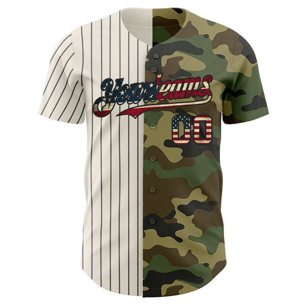 Custom Camo Vintage USA Flag Cream-Black Pinstripe Authentic Split Fashion Salute To Service Baseball Jersey alternate