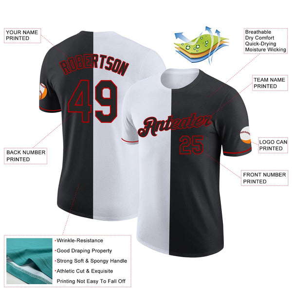 Custom Black White-Red Split Fashion Performance T-Shirt alternate