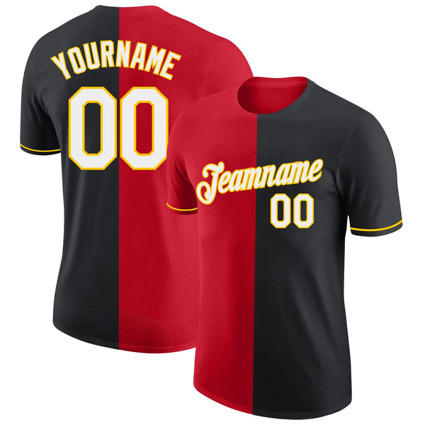Custom Black Red-Yellow Split Fashion Performance T-Shirt