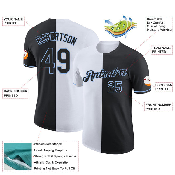 Custom Black White-Light Blue Split Fashion Performance T-Shirt alternate