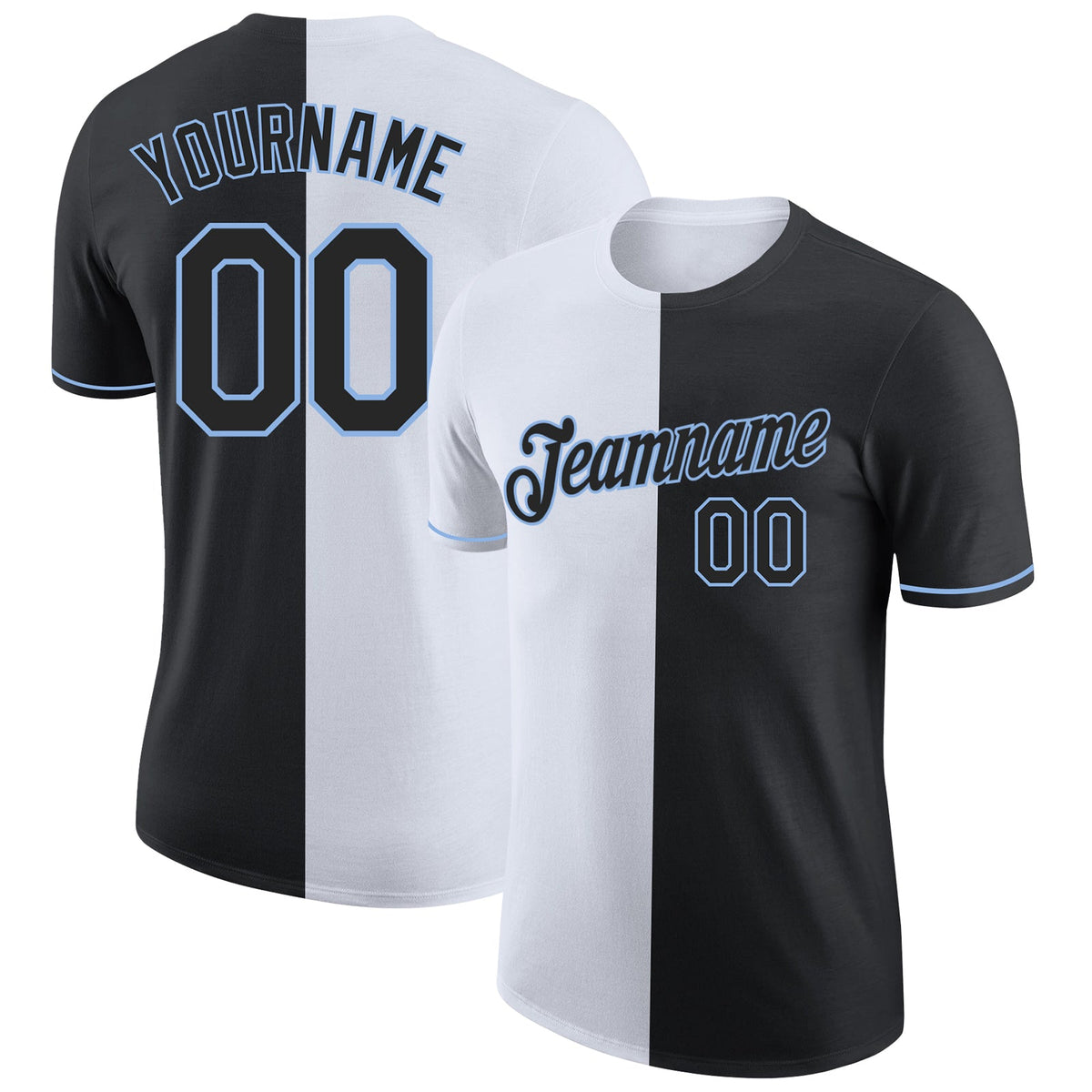 Custom Black White-Light Blue Split Fashion Performance T-Shirt