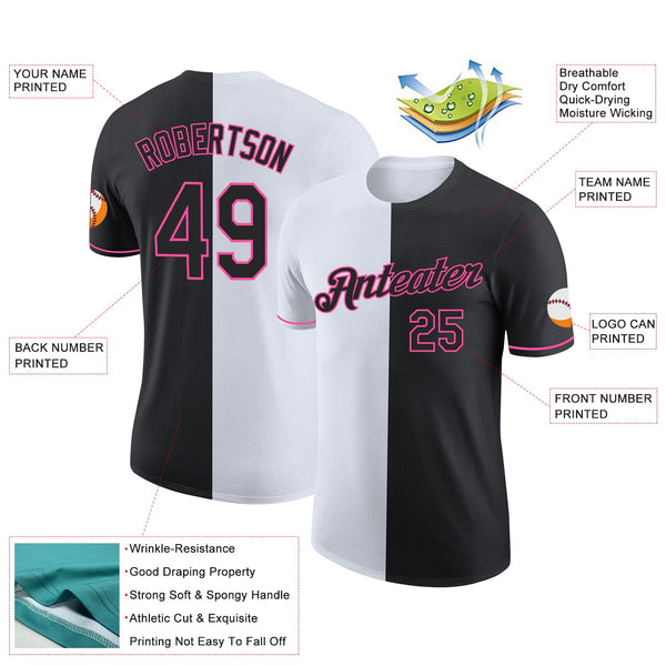 Custom Black White-Pink Split Fashion Performance T-Shirt alternate