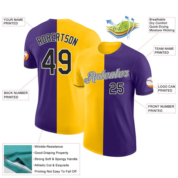 Custom Purple Black-Yellow Split Fashion Performance T-Shirt alternate