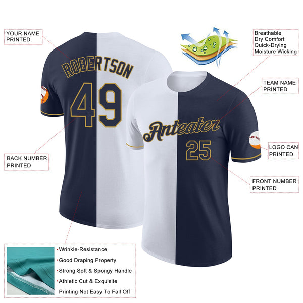 Custom Navy White-Old Gold Split Fashion Performance T-Shirt alternate