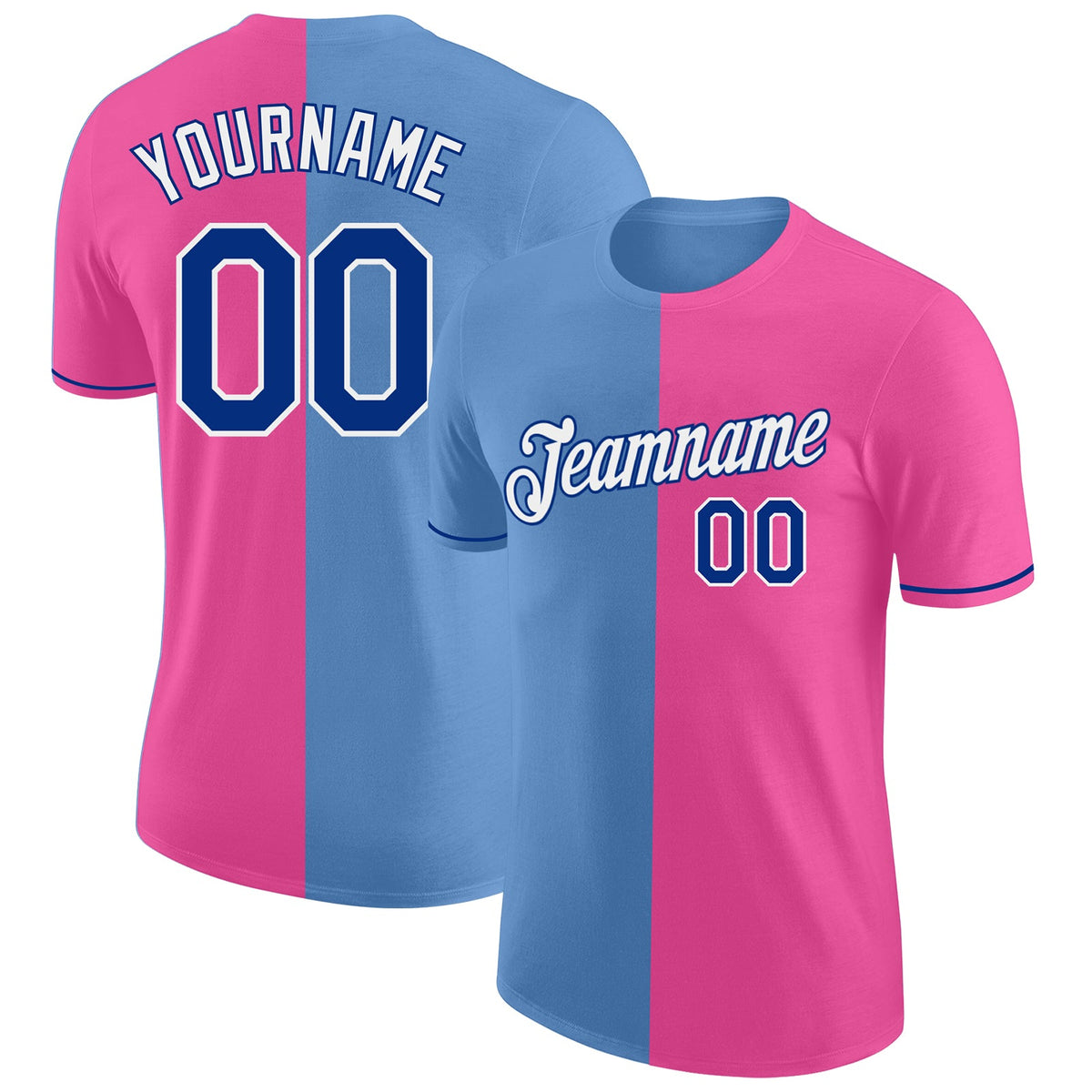 Custom Pink Royal-Light Blue Split Fashion Performance T-Shirt