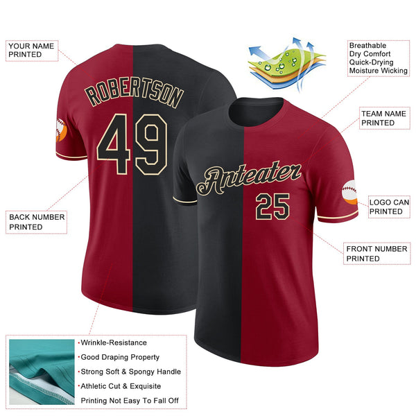 Custom Crimson Black-Cream Split Fashion Performance T-Shirt alternate