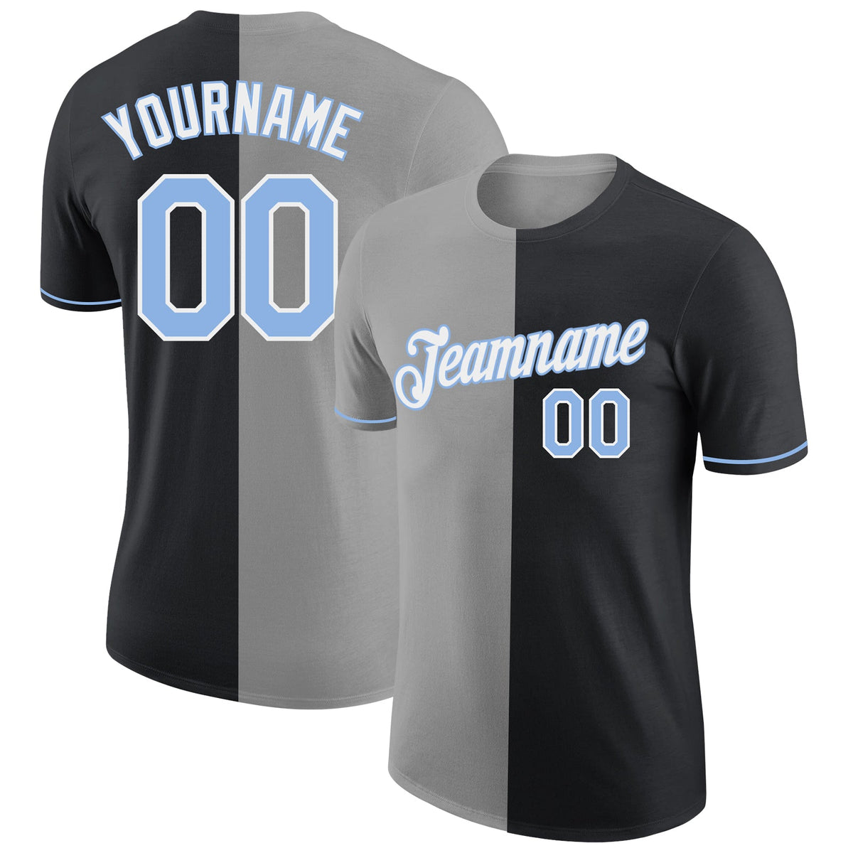 Custom Black Light Blue-Gray Split Fashion Performance T-Shirt
