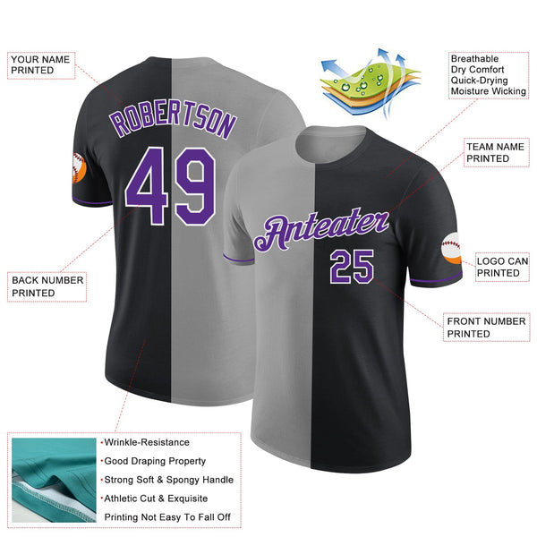 Custom Black Purple-Gray Split Fashion Performance T-Shirt alternate