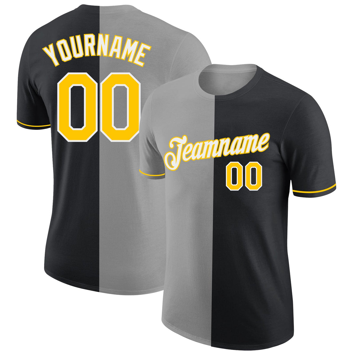 Custom Black Yellow-Gray Split Fashion Performance T-Shirt