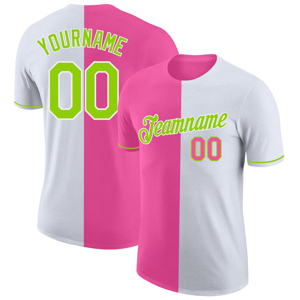 Custom White Neon Green-Pink Split Fashion Performance T-Shirt