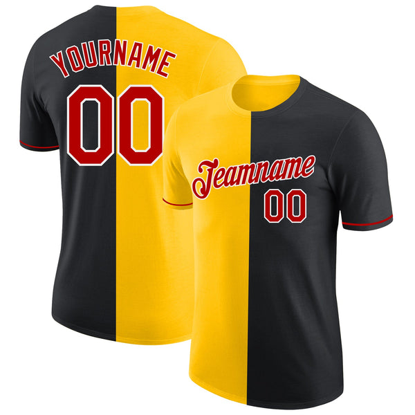 Custom Black Red-Yellow Split Fashion Performance T-Shirt