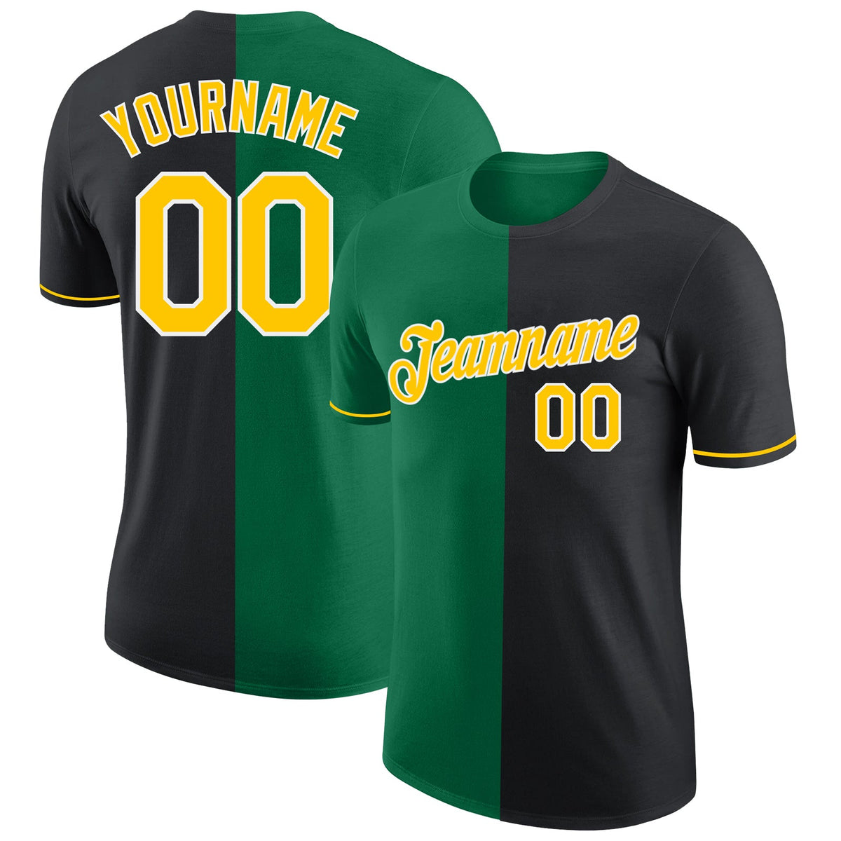 Custom Black Yellow-Kelly Green Split Fashion Performance T-Shirt