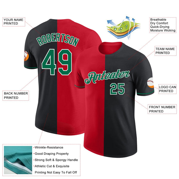 Custom Black Kelly Green-Red Split Fashion Performance T-Shirt alternate